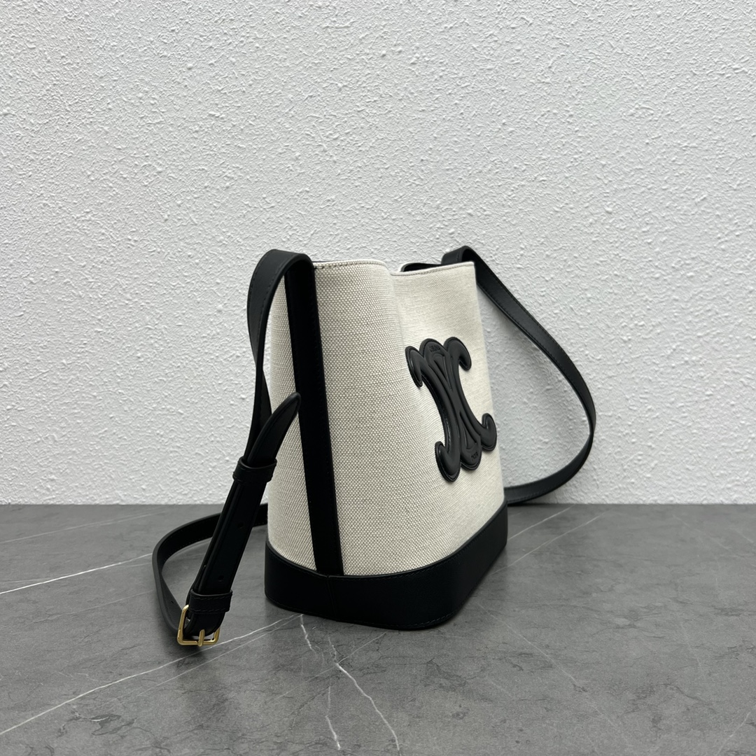 Celine Small Bucket Cuir Triomphe Shoulder Bag In Textile And Calfskin Beige/Black 198243